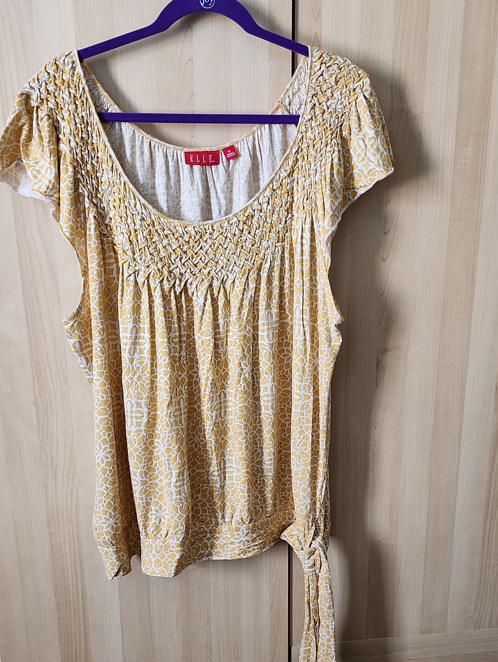 ELLE Yellow Floral Smocked Short-Sleeve Top w/hip tie